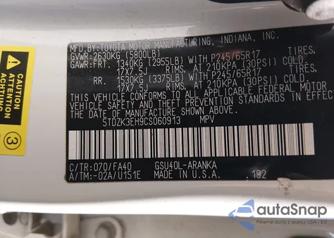 2012 Toyota Highlander Base V6 z USA, uszkodzony, nr VIN 5TDZK3EH9CS060913